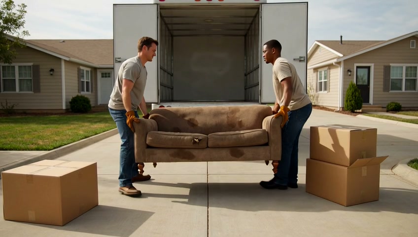 Local junk removal crew loading furniture into a box truck in a Pueblo neighborhood